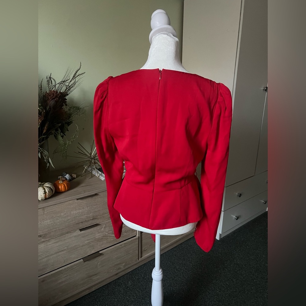 SELF PORTRAIT Red Crepe Peplum Corset Bustier Top Shirt Long-Sleeve Formal Sz 8 - Picture 11 of 16